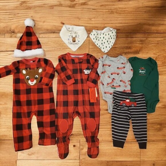 Unisex 3-6 Month Infant Holiday Outfits One-pieces Lot of 4 Buffalo Plaid 2 Bibs - Picture 1 of 10